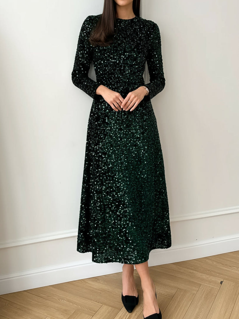 Women's Sequin Maxi Dress Round Neck Long Sleeve Flowing Sparkle Autumn Wedding Guest Style