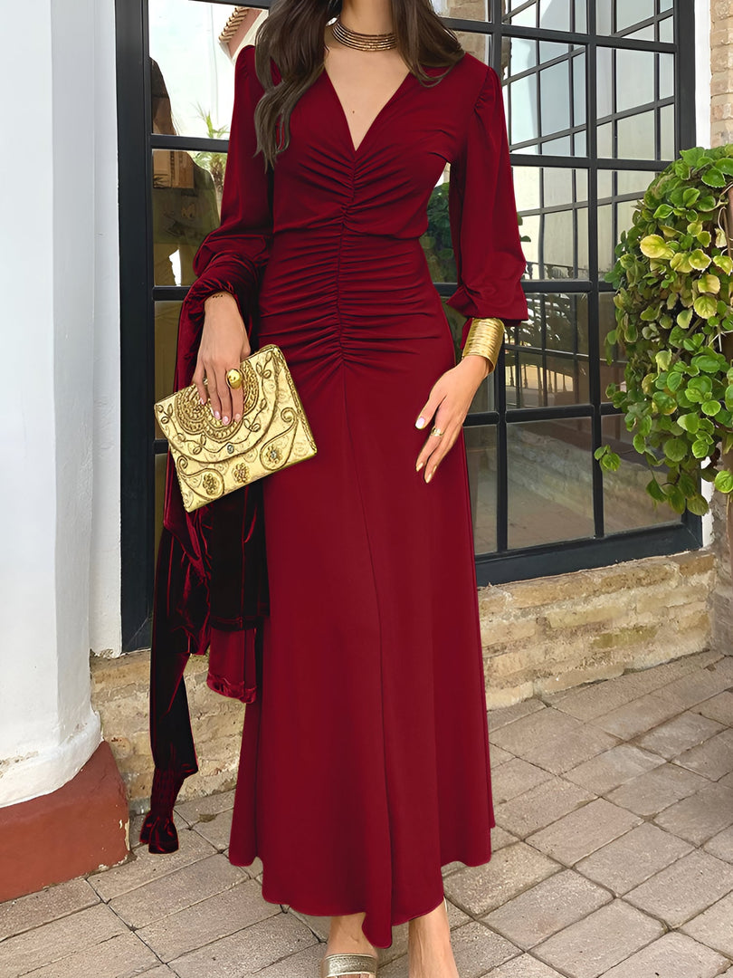 Women's Maxi Dress V Neck Long Sleeve Ruched High Low Fall Wedding Guest Style