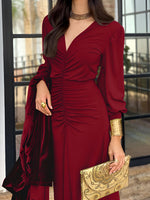 Load image into Gallery viewer, Women's Maxi Dress V Neck Long Sleeve Ruched High Low Fall Wedding Guest Style
