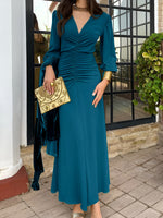Load image into Gallery viewer, Women's Maxi Dress V Neck Long Sleeve Ruched High Low Fall Wedding Guest Style
