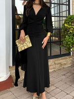 Load image into Gallery viewer, Women's Maxi Dress V Neck Long Sleeve Ruched High Low Fall Wedding Guest Style
