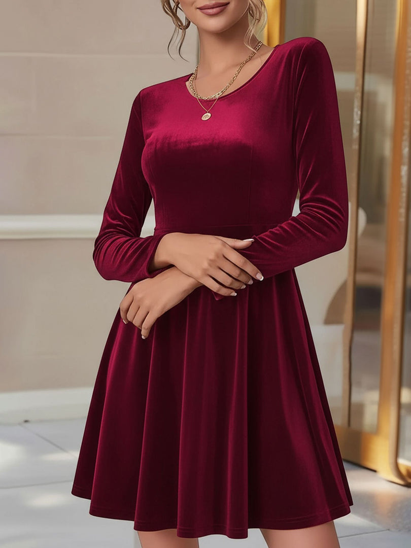 Women's Velvet Mini Dress Round Neck Long Sleeve Flared a Line Autumn Wedding Guest Style