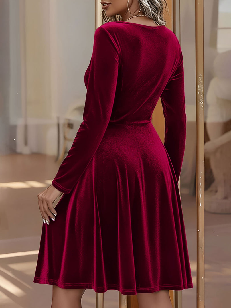 Women's Velvet Mini Dress Round Neck Long Sleeve Flared a Line Autumn Wedding Guest Style