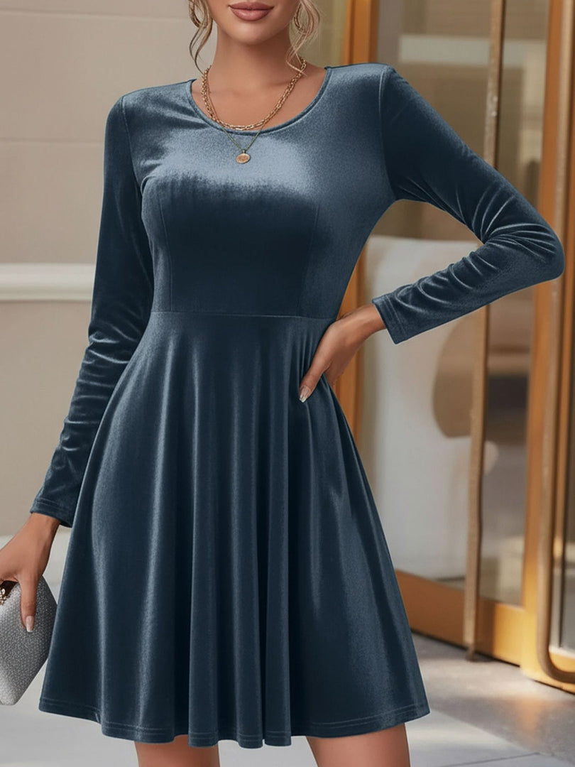 Women's Velvet Mini Dress Round Neck Long Sleeve Flared a Line Autumn Wedding Guest Style