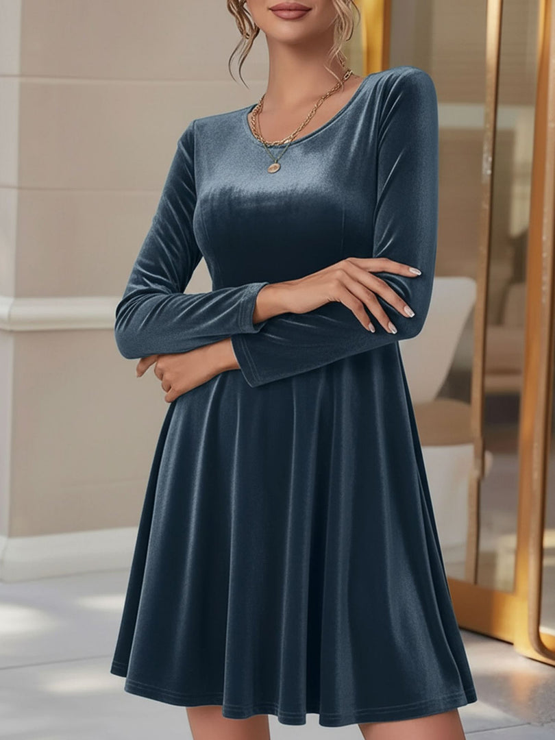Women's Velvet Mini Dress Round Neck Long Sleeve Flared a Line Autumn Wedding Guest Style