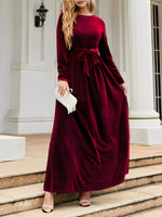 Load image into Gallery viewer, Women's Velvet Maxi Dress Round Neck Long Sleeve Belted Flowing Autumn Wedding Guest Style
