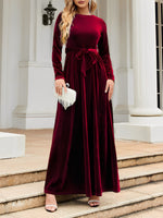 Load image into Gallery viewer, Women's Velvet Maxi Dress Round Neck Long Sleeve Belted Flowing Autumn Wedding Guest Style
