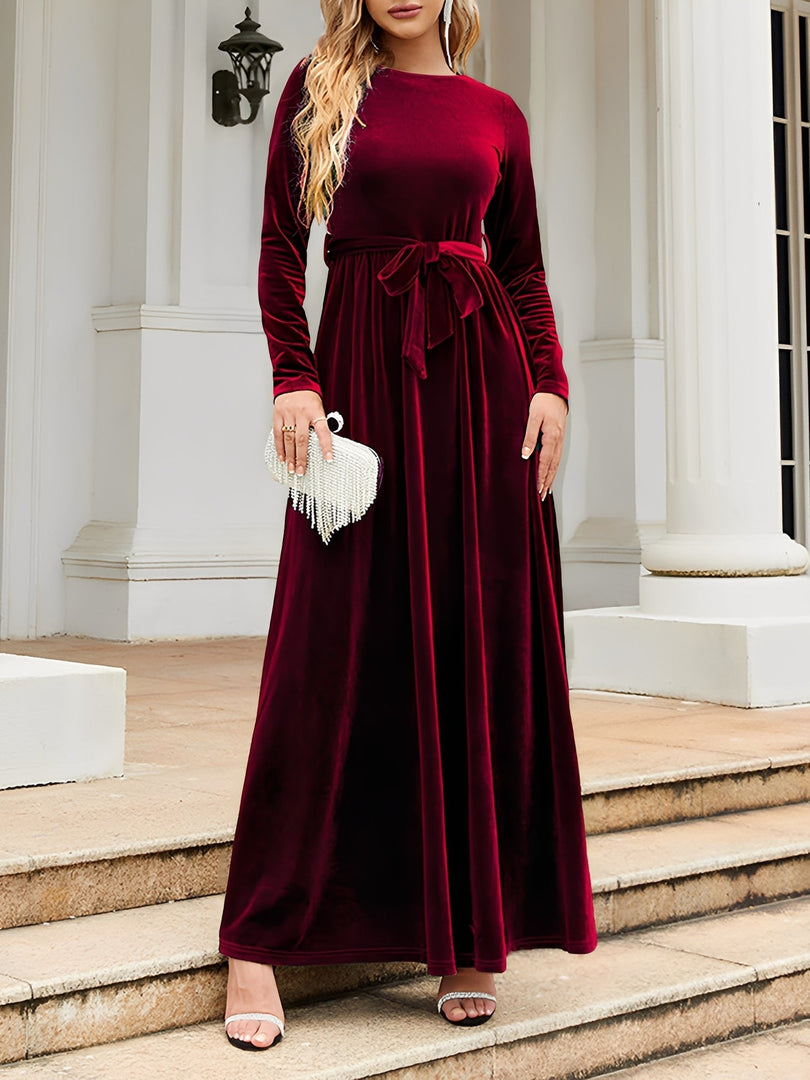 Women's Velvet Maxi Dress Round Neck Long Sleeve Belted Flowing Autumn Wedding Guest Style