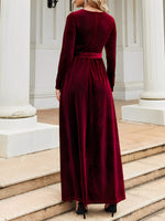 Load image into Gallery viewer, Women's Velvet Maxi Dress Round Neck Long Sleeve Belted Flowing Autumn Wedding Guest Style
