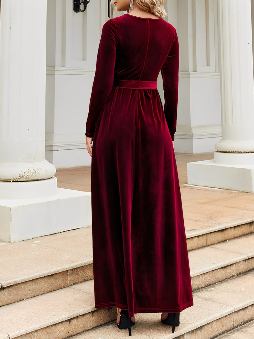 Women's Velvet Maxi Dress Round Neck Long Sleeve Belted Flowing Autumn Wedding Guest Style