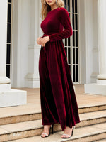 Load image into Gallery viewer, Women's Velvet Maxi Dress Round Neck Long Sleeve Belted Flowing Autumn Wedding Guest Style

