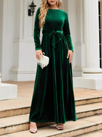 Load image into Gallery viewer, Women's Velvet Maxi Dress Round Neck Long Sleeve Belted Flowing Autumn Wedding Guest Style
