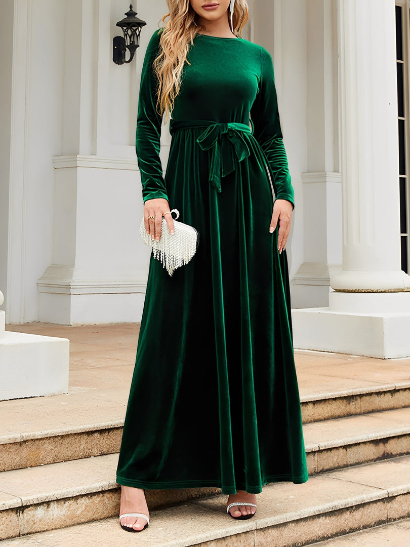 Women's Velvet Maxi Dress Round Neck Long Sleeve Belted Flowing Autumn Wedding Guest Style