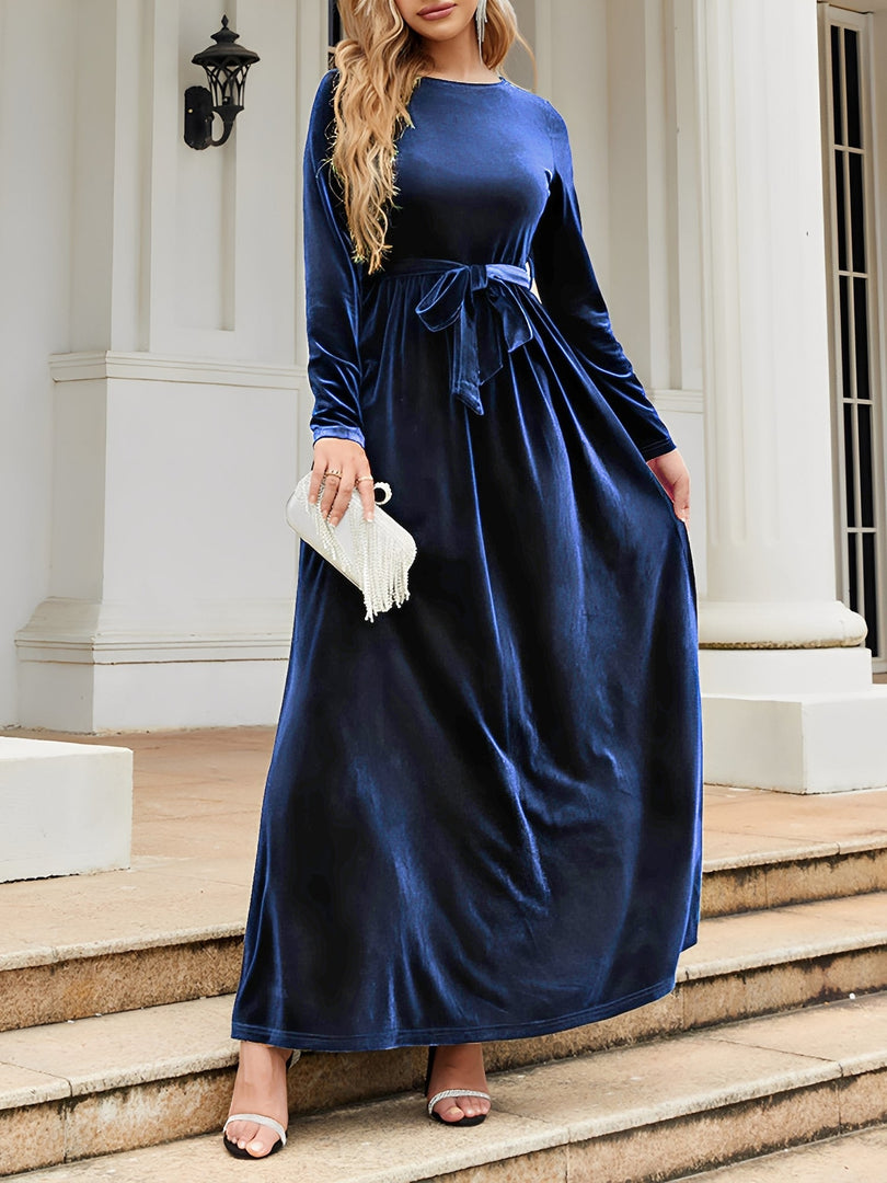 Women's Velvet Maxi Dress Round Neck Long Sleeve Belted Flowing Autumn Wedding Guest Style