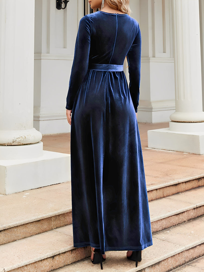 Women's Velvet Maxi Dress Round Neck Long Sleeve Belted Flowing Autumn Wedding Guest Style