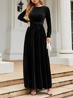Load image into Gallery viewer, Women's Velvet Maxi Dress Round Neck Long Sleeve Belted Flowing Autumn Wedding Guest Style
