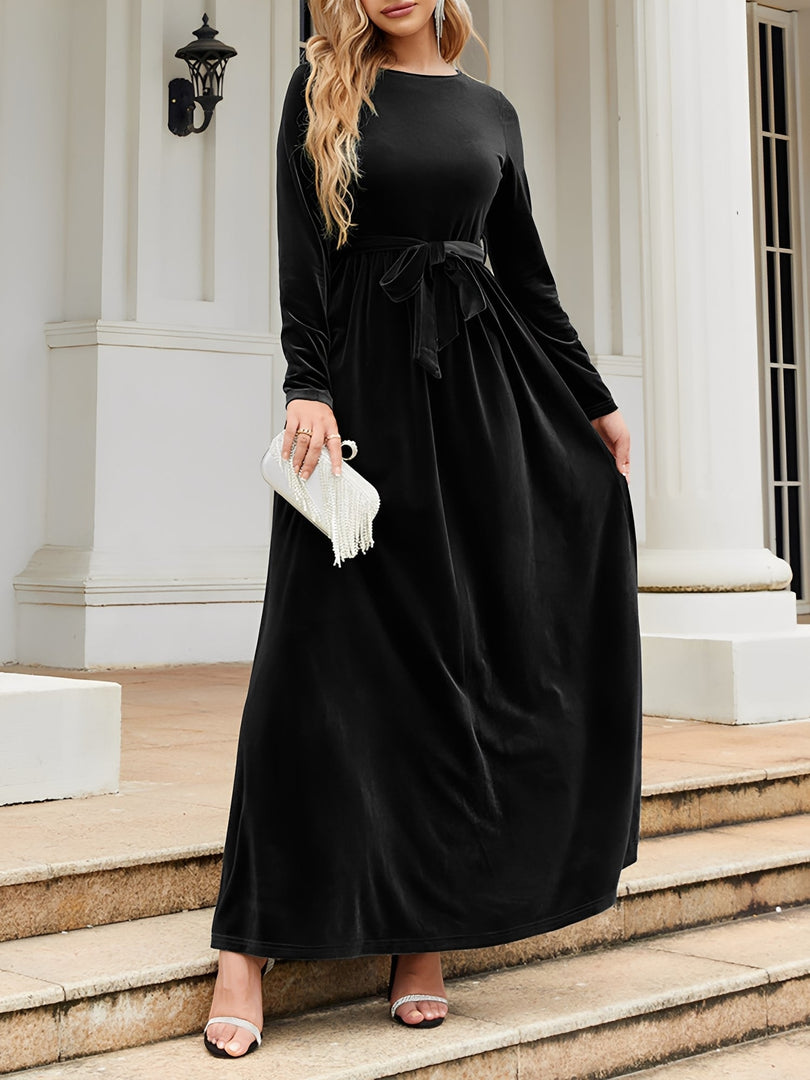 Women's Velvet Maxi Dress Round Neck Long Sleeve Belted Flowing Autumn Wedding Guest Style
