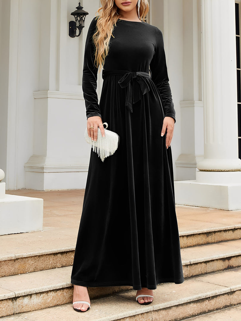 Women's Velvet Maxi Dress Round Neck Long Sleeve Belted Flowing Autumn Wedding Guest Style