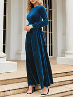 Load image into Gallery viewer, Women's Velvet Maxi Dress Round Neck Long Sleeve Belted Flowing Autumn Wedding Guest Style
