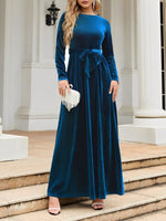 Load image into Gallery viewer, Women's Velvet Maxi Dress Round Neck Long Sleeve Belted Flowing Autumn Wedding Guest Style

