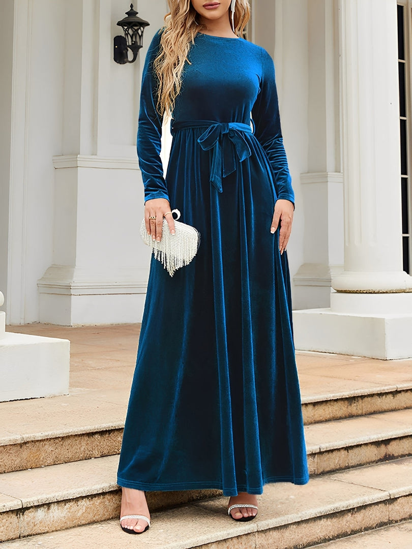 Women's Velvet Maxi Dress Round Neck Long Sleeve Belted Flowing Autumn Wedding Guest Style