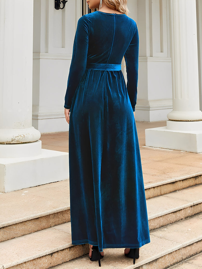 Women's Velvet Maxi Dress Round Neck Long Sleeve Belted Flowing Autumn Wedding Guest Style