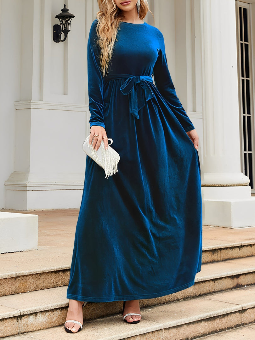 Women's Velvet Maxi Dress Round Neck Long Sleeve Belted Flowing Autumn Wedding Guest Style