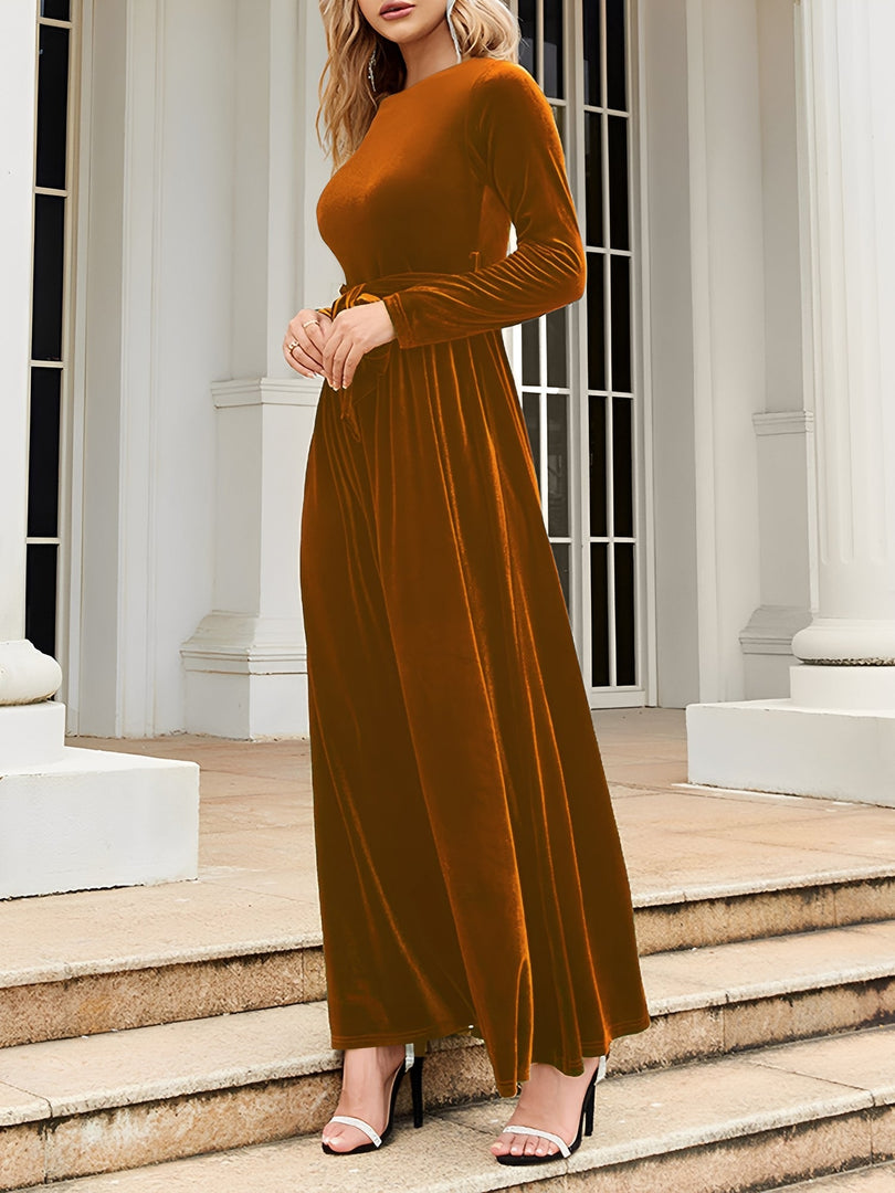 Women's Velvet Maxi Dress Round Neck Long Sleeve Belted Flowing Autumn Wedding Guest Style