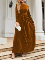 Load image into Gallery viewer, Women's Velvet Maxi Dress Round Neck Long Sleeve Belted Flowing Autumn Wedding Guest Style
