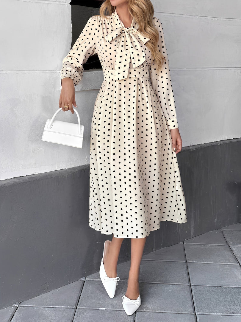 Women's Cream Polka Dot a Line Wedding Dress Tie Neck Long Sleeve