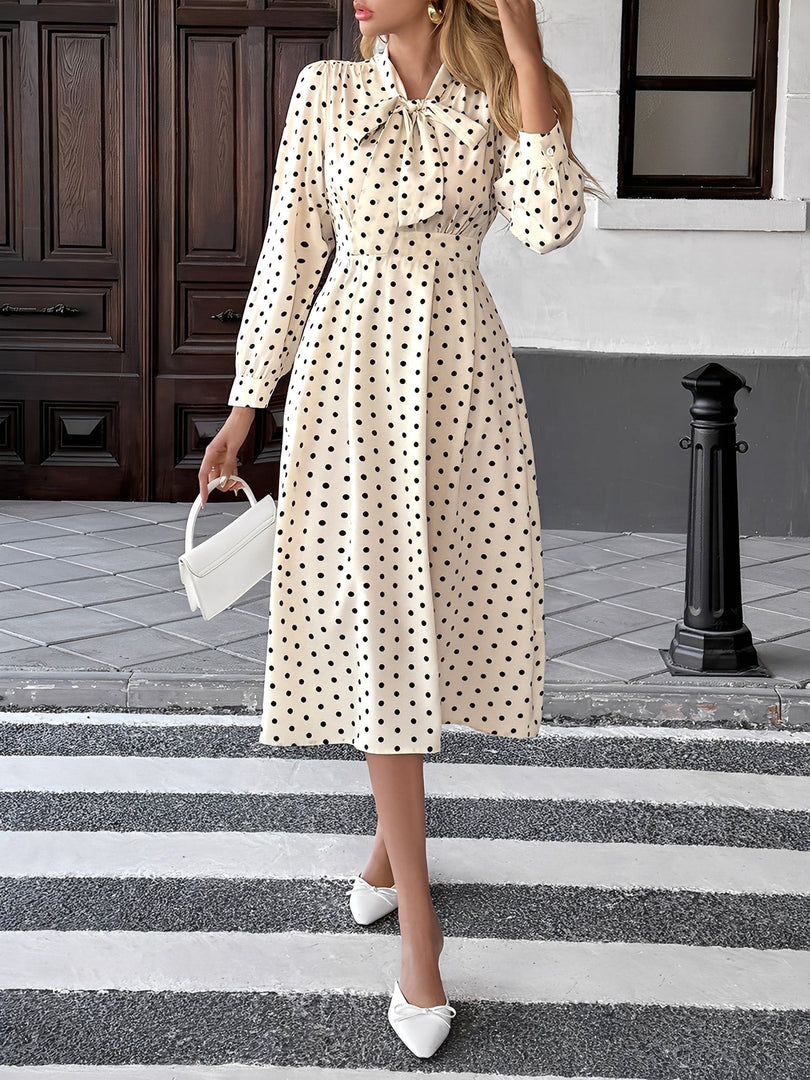 Women's Cream Polka Dot a Line Wedding Dress Tie Neck Long Sleeve