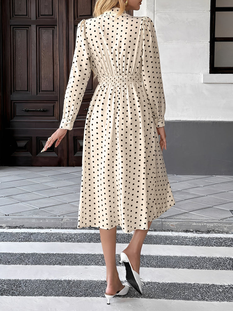 Women's Cream Polka Dot a Line Wedding Dress Tie Neck Long Sleeve