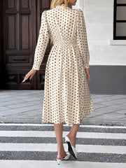 Women's Cream Polka Dot a Line Wedding Dress Tie Neck Long Sleeve