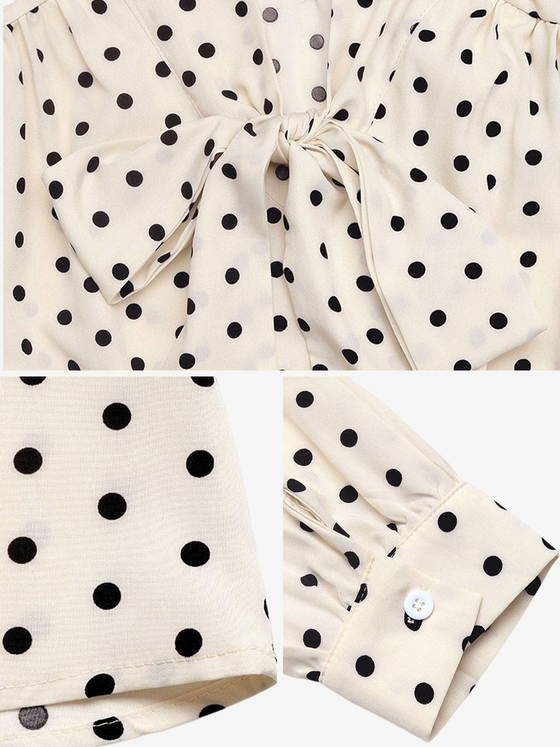 Women's Cream Polka Dot a Line Wedding Dress Tie Neck Long Sleeve