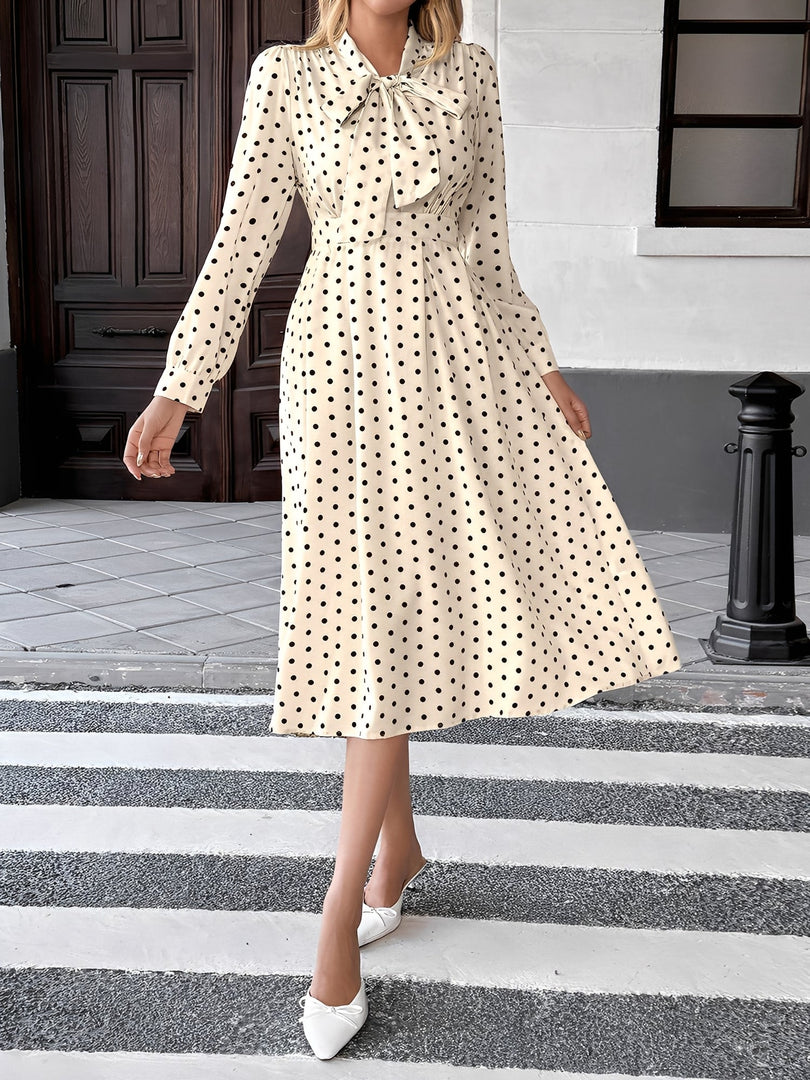 Women's Cream Polka Dot a Line Wedding Dress Tie Neck Long Sleeve
