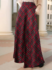 Women's Maxi Skirts Plaid Pockets A-Line Holiday Style