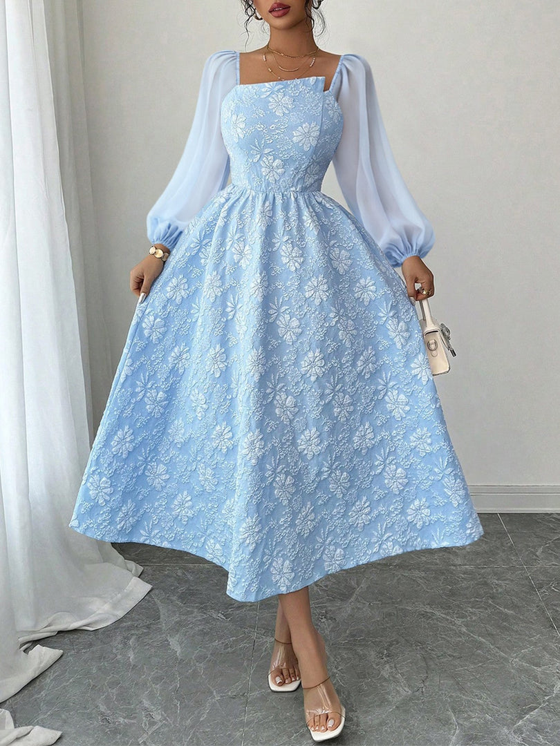 Women's Midi Dress Square Neck Long Sleeve Flowing a Line Formal Wedding Guest Style