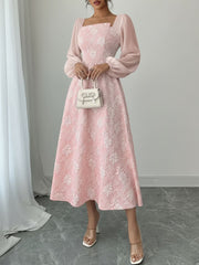 Women's Midi Dress Square Neck Long Sleeve Flowing a Line Formal Wedding Guest Style