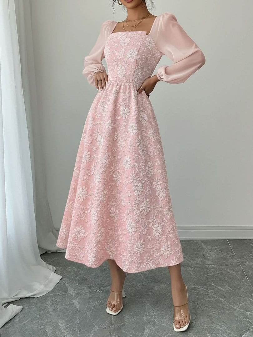 Women's Midi Dress Square Neck Long Sleeve Flowing a Line Formal Wedding Guest Style