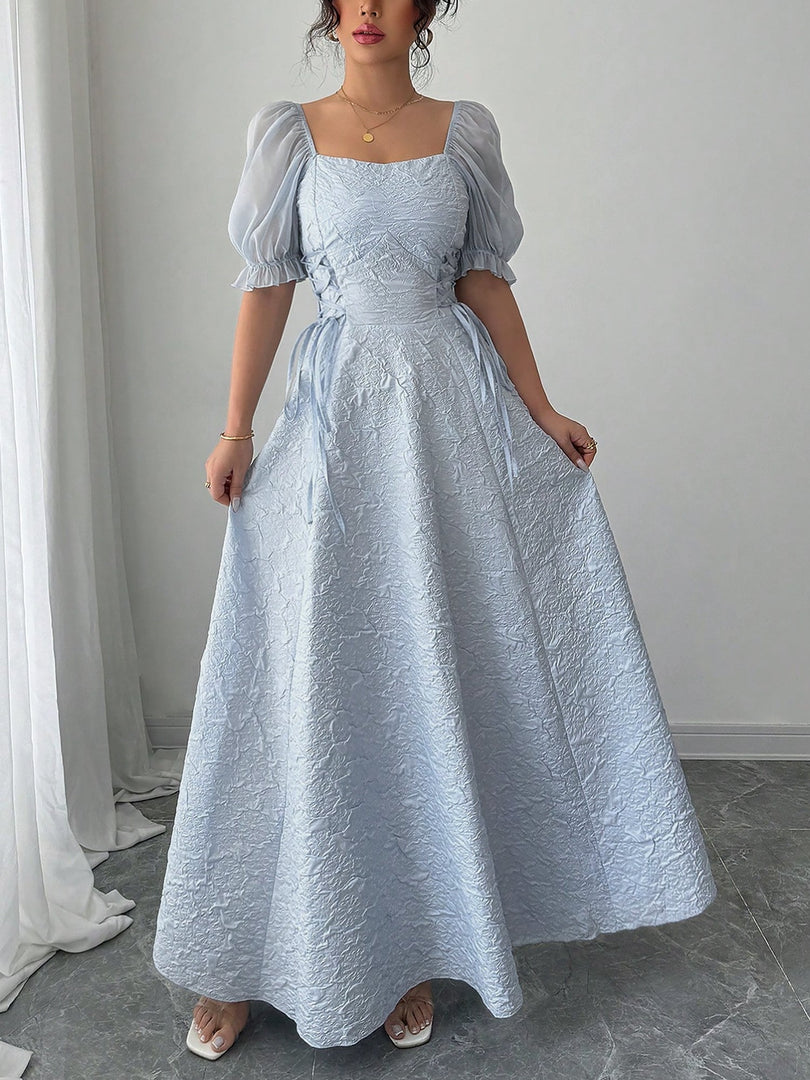 Women's Grey Blue a Line Wedding Dress Square Neck Puff Sleeve