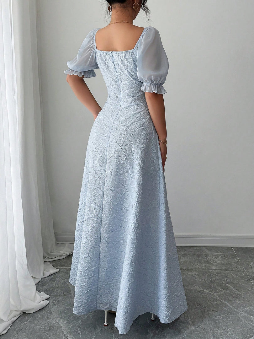 Women's Grey Blue a Line Wedding Dress Square Neck Puff Sleeve