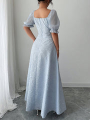 Women's Grey Blue a Line Wedding Dress Square Neck Puff Sleeve