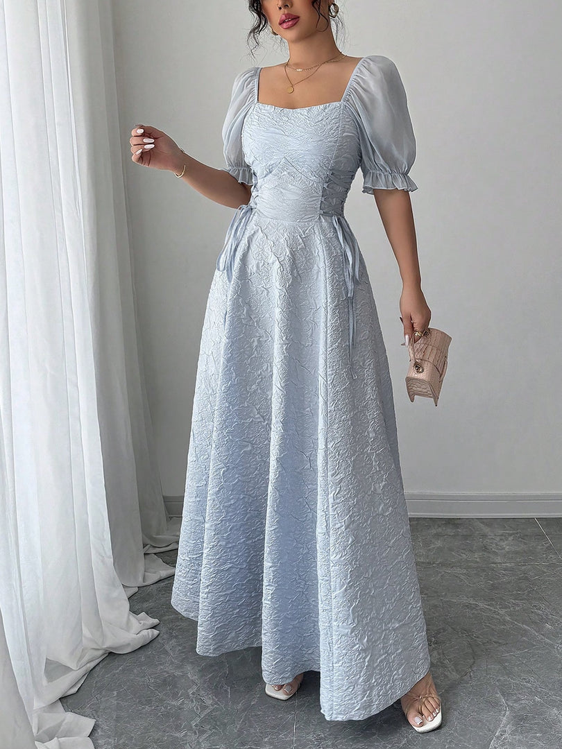 Women's Grey Blue a Line Wedding Dress Square Neck Puff Sleeve