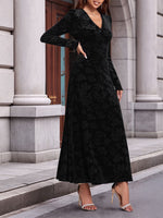 Load image into Gallery viewer, Women's Black Velvet Maxi Dress V Neck Long Sleeve Flowing Autumn Wedding Guest Style
