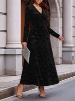 Load image into Gallery viewer, Women's Black Velvet Maxi Dress V Neck Long Sleeve Flowing Autumn Wedding Guest Style
