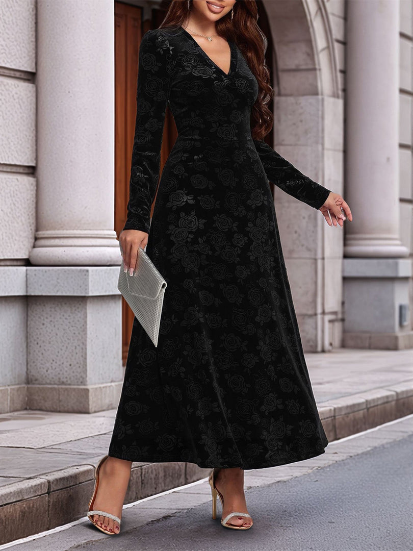 Women's Black Velvet Maxi Dress V Neck Long Sleeve Flowing Autumn Wedding Guest Style