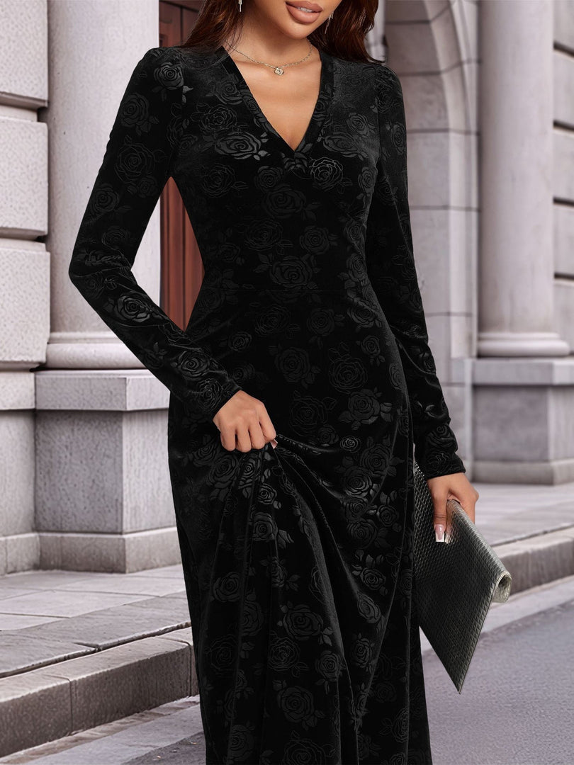 Women's Black Velvet Maxi Dress V Neck Long Sleeve Flowing Autumn Wedding Guest Style