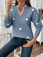 Load image into Gallery viewer, Women's Heart Print Sweater V Neck Scalloped Trim Long Sleeve
