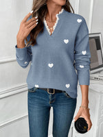 Load image into Gallery viewer, Women's Heart Print Sweater V Neck Scalloped Trim Long Sleeve
