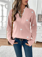 Load image into Gallery viewer, Women's Heart Print Sweater V Neck Scalloped Trim Long Sleeve
